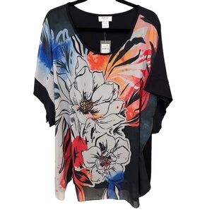AVENUE Top Hazel Placement Coral Floral Print Women's Plus Sz 22/24 NWT